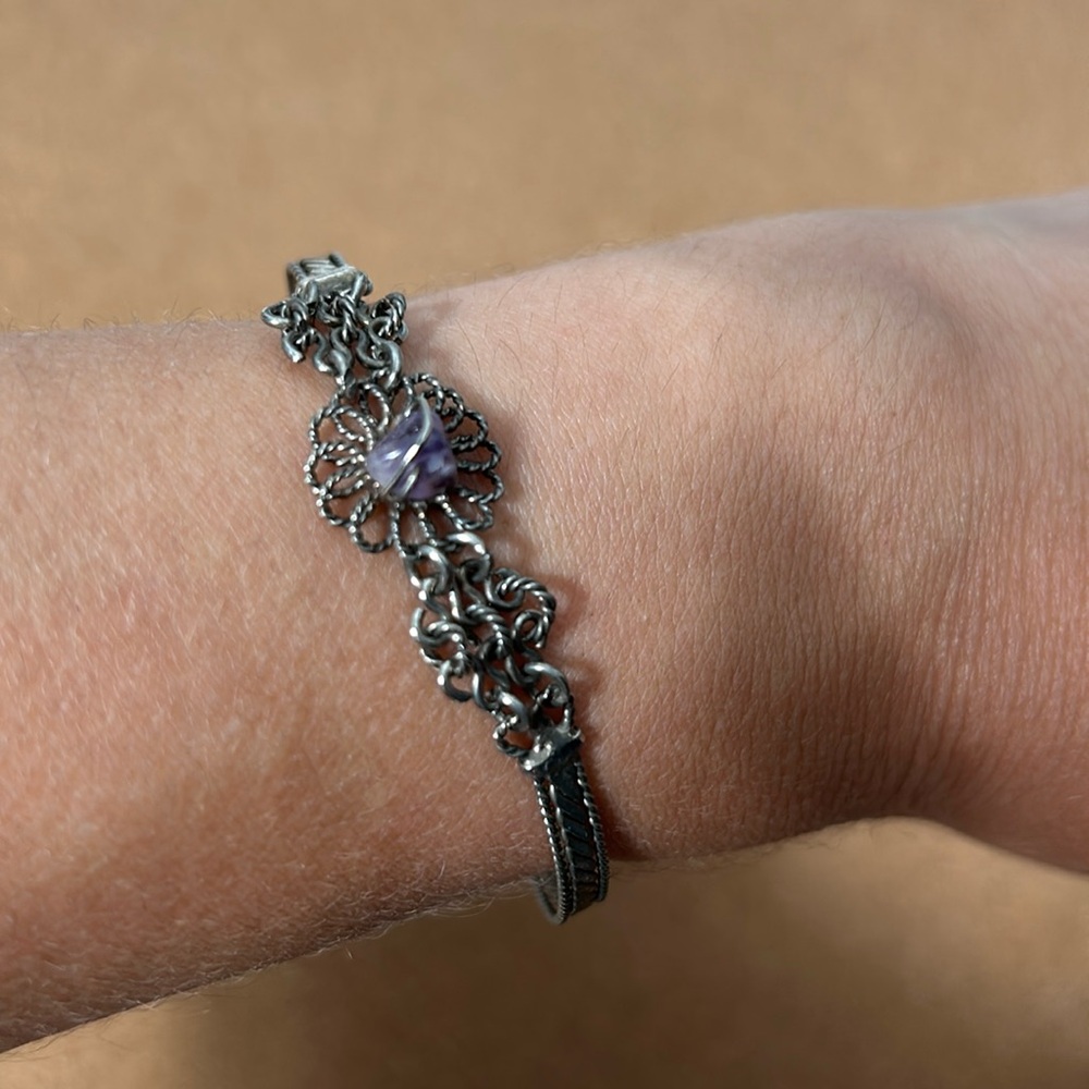 Victorian style silver tone purple stone bracelet unique rare vintage